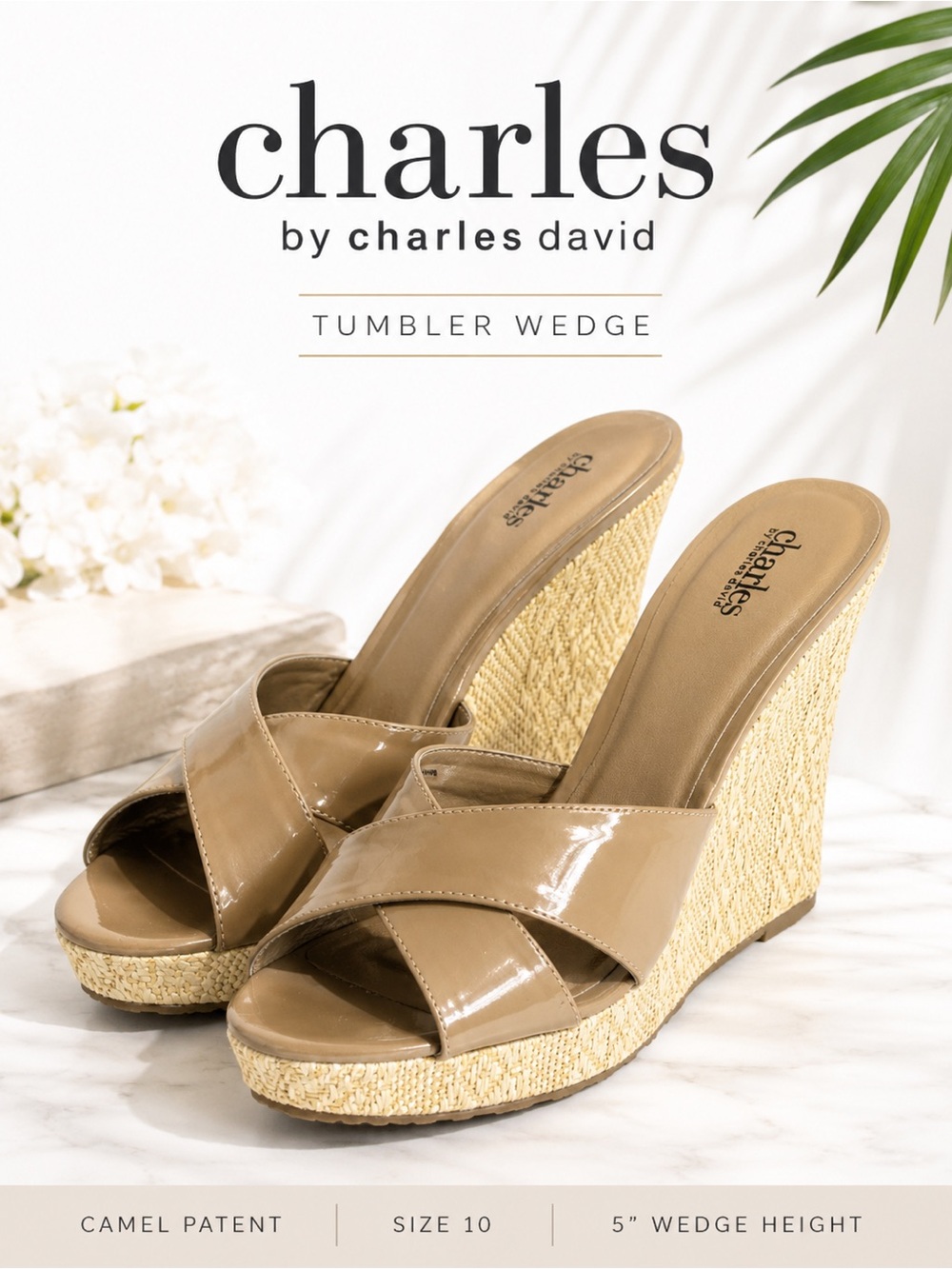NWB Charles by Charles David Tumbler Camel Patent Raffia Wedge Sandals Size 10